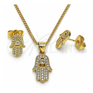 Juego de Arete y Dije de Adulto 10.156.0438 Oro Laminado, Diseño de Mano de Dios y Judaica, con Micro Pave Blanca y Zirconia Cubica Blanca, Pulido, Tono Dorado