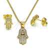 Juego de Arete y Dije de Adulto 10.156.0438 Oro Laminado, Diseño de Mano de Dios, con Blanca Micro Pave and Blanca Zirconia Cubica, Pulido, Tono Dorado