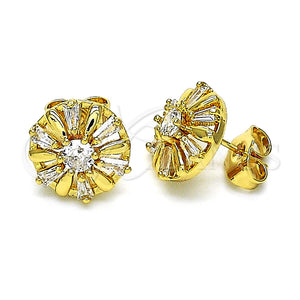 Arete Dormilona 02.387.0033.5 Oro Laminado, Diseño de Flor y Baguette, con Blanca Zirconia Cubica, Pulido, Tono Dorado