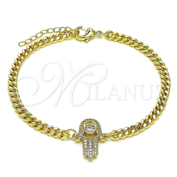 Pulsera Elegante 03.156.0034.08 Oro Laminado, Diseño de Mano de Dios y Judaica, con Zirconia Cubica Blanca y Micro Pave Blanca, Pulido, Tono Dorado (Grosor 04 MM, 8 Pulgadas de Largo)