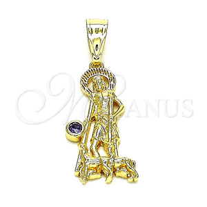 Dije Religioso 05.253.0165 Oro Laminado, Diseño de San Lazaro, con Amatista Zirconia Cubica, Pulido, Tono Dorado