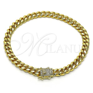 Tobillera Básica 04.156.0466.10 Oro Laminado, Diseño de Miami Cubana, con Blanca Micro Pave, Pulido, Tono Dorado (200 Gauge, 07 MM Thickness, 10 Inches Length)