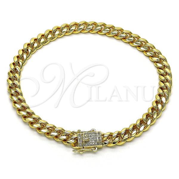 Tobillera Básica 04.156.0466.10 Oro Laminado, Diseño de Miami Cubana, con Blanca Micro Pave, Pulido, Tono Dorado (200 Gauge, 07 MM Thickness, 10 Inches Length)