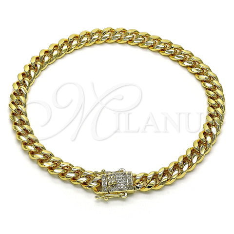 Tobillera Básica 04.156.0466.10 Oro Laminado, Diseño de Miami Cubana, con Blanca Micro Pave, Pulido, Tono Dorado (200 Gauge, 07 MM Thickness, 10 Inches Length)