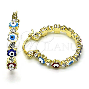 Argolla Pequeña 02.213.0363.25 Oro Laminado, Diseño de Ojo Griego y Flor, con Blanca Cristal, Esmaltado Multicolor, Tono Dorado