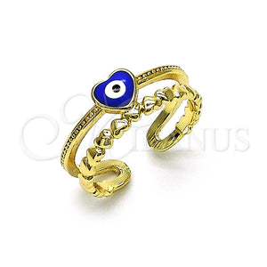 Anillo Elegante 01.213.0017 Oro Laminado, Diseño de Ojo Griego y Corazón, Esmaltado Azul, Tono Dorado (One size fits all)