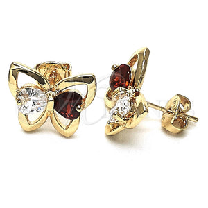 Arete Dormilona 02.26.0283.1 Oro Laminado, Diseño de Mariposa y Corazón, con Granate and Blanca Zirconia Cubica, Pulido, Tono Dorado