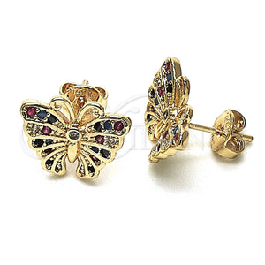 Arete Dormilona 02.26.0289.3 Oro Laminado, Diseño de Mariposa, con Multicolor Micro Pave, Pulido, Tono Dorado