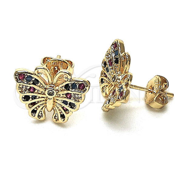 Arete Dormilona 02.26.0289.3 Oro Laminado, Diseño de Mariposa, con Multicolor Micro Pave, Pulido, Tono Dorado