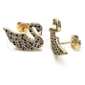 Arete Dormilona 02.26.0290.1 Oro Laminado, Diseño de Cisne, con Blanca and Granate Micro Pave, Pulido, Tono Dorado