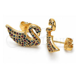 Arete Dormilona 02.26.0290.3 Oro Laminado, Diseño de Cisne, con Micro Pave Multicolor, Pulido, Tono Dorado