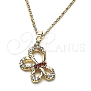Collares con Dije 04.26.0052.1.18 Oro Laminado, Diseño de Mariposa, con Granate and Blanca Zirconia Cubica, Pulido, Tono Dorado (02 MM Thickness, 18 Inches Length)