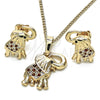 Juego de Arete y Dije de Adulto 10.26.0021.3 Oro Laminado, Diseño de Elefante, con Granate and Blanca Micro Pave, Pulido, Tono Dorado