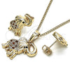 Juego de Arete y Dije de Adulto 10.26.0021.3 Oro Laminado, Diseño de Elefante, con Granate and Blanca Micro Pave, Pulido, Tono Dorado