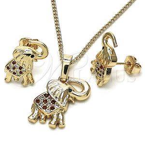 Juego de Arete y Dije de Adulto 10.26.0021.3 Oro Laminado, Diseño de Elefante, con Granate and Blanca Micro Pave, Pulido, Tono Dorado