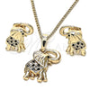 Juego de Arete y Dije de Adulto 10.26.0021.4 Oro Laminado, Diseño de Elefante, con Negro and Blanca Micro Pave, Pulido, Tono Dorado