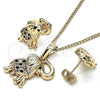 Juego de Arete y Dije de Adulto 10.26.0021.4 Oro Laminado, Diseño de Elefante, con Negro and Blanca Micro Pave, Pulido, Tono Dorado
