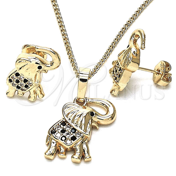 Juego de Arete y Dije de Adulto 10.26.0021.4 Oro Laminado, Diseño de Elefante, con Negro and Blanca Micro Pave, Pulido, Tono Dorado