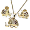 Juego de Arete y Dije de Adulto 10.26.0022.3 Oro Laminado, Diseño de Elefante, con Granate and Blanca Micro Pave, Pulido, Tono Dorado