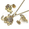 Juego de Arete y Dije de Adulto 10.26.0022.3 Oro Laminado, Diseño de Elefante, con Granate and Blanca Micro Pave, Pulido, Tono Dorado