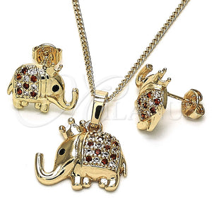 Juego de Arete y Dije de Adulto 10.26.0022.3 Oro Laminado, Diseño de Elefante, con Granate and Blanca Micro Pave, Pulido, Tono Dorado