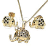 Juego de Arete y Dije de Adulto 10.26.0022.4 Oro Laminado, Diseño de Elefante, con Negro and Blanca Micro Pave, Pulido, Tono Dorado