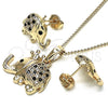 Juego de Arete y Dije de Adulto 10.26.0022.4 Oro Laminado, Diseño de Elefante, con Negro and Blanca Micro Pave, Pulido, Tono Dorado