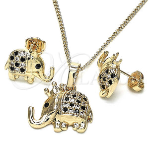 Juego de Arete y Dije de Adulto 10.26.0022.4 Oro Laminado, Diseño de Elefante, con Negro and Blanca Micro Pave, Pulido, Tono Dorado