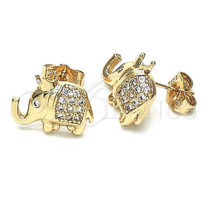 Arete Dormilona 02.185.0009 Oro Laminado, Diseño de Elefante y Corona, con Blanca Micro Pave, Pulido, Tono Dorado