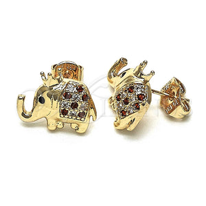 Arete Dormilona 02.185.0009.1 Oro Laminado, Diseño de Elefante y Corona, con Granate and Blanca Micro Pave, Pulido, Tono Dorado