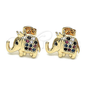 Arete Dormilona 02.185.0009.3 Oro Laminado, Diseño de Elefante y Corona, con Multicolor Micro Pave, Pulido, Tono Dorado