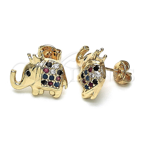 Arete Dormilona 02.185.0009.3 Oro Laminado, Diseño de Elefante y Corona, con Multicolor Micro Pave, Pulido, Tono Dorado