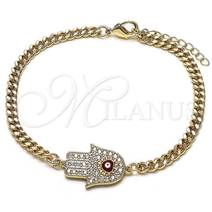 Pulsera Elegante 03.156.0039.08 Oro Laminado, Diseño de Mano de Dios y Ojo Griego, con Blanca Micro Pave, Esmaltado Rojo, Tono Dorado (04 MM Thickness, 8 Inches Length)