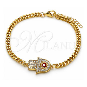 Pulsera Elegante 03.156.0039.08 Oro Laminado, Diseño de Mano de Dios y Ojo Griego, con Micro Pave Blanca, Esmaltado Rojo, Tono Dorado (Grosor 04 MM, 8 Pulgadas de Largo)
