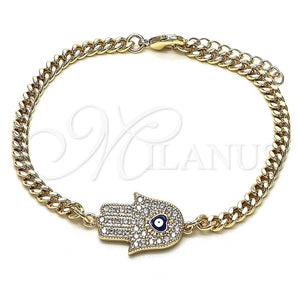 Pulsera Elegante 03.156.0039.1.08 Oro Laminado, Diseño de Mano de Dios y Ojo Griego, con Blanca Micro Pave, Esmaltado Azul, Tono Dorado (04 MM Thickness, 8 Inches Length)