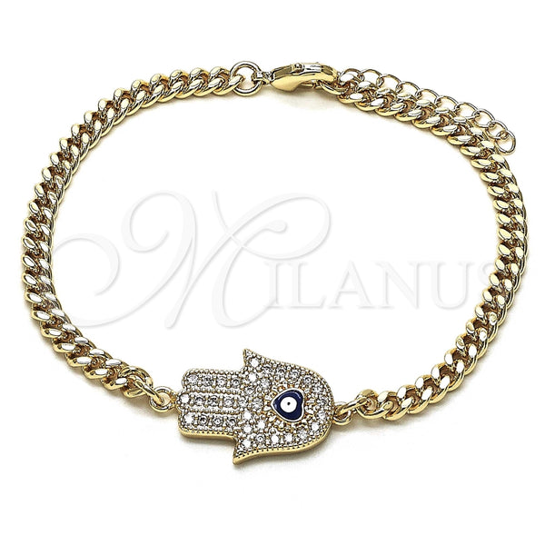 Pulsera Elegante 03.156.0039.1.08 Oro Laminado, Diseño de Mano de Dios y Ojo Griego, con Blanca Micro Pave, Esmaltado Azul, Tono Dorado (04 MM Thickness, 8 Inches Length)