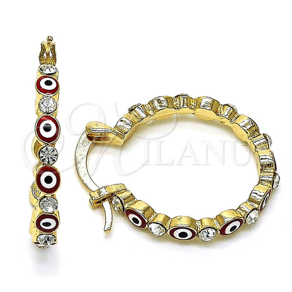 Argolla Pequeña 02.213.0315.1.25 Oro Laminado, Diseño de Ojo Griego, con Blanca Cristal, Esmaltado Rojo, Tono Dorado