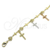 Pulsera de Dije 03.351.0140.07 Oro Laminado, Diseño de Crucifijo y Corazón, Pulido, Tres Tonos (07 MM Thickness, 7 Inches Length)