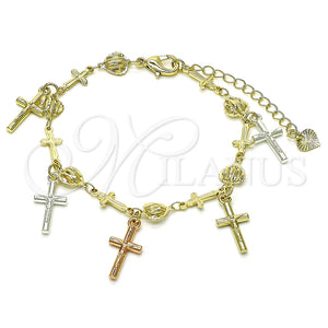 Pulsera de Dije 03.351.0140.07 Oro Laminado, Diseño de Crucifijo y Corazón, Pulido, Tres Tonos (07 MM Thickness, 7 Inches Length)