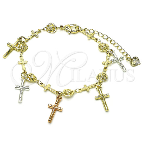 Pulsera de Dije 03.351.0140.07 Oro Laminado, Diseño de Crucifijo y Corazón, Pulido, Tres Tonos (07 MM Thickness, 7 Inches Length)