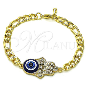 Pulsera Elegante 03.351.0142.08 Oro Laminado, Diseño de Mano de Dios, con Blanca Cristal, Resinado Azul, Tono Dorado (06 MM Thickness, 8 Inches Length)