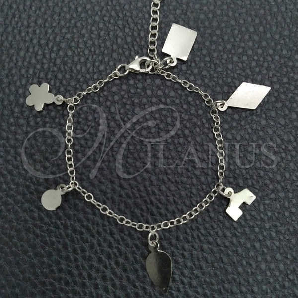Pulsera de Dije 03.392.0009 Plata Rodinada, Diseño de Flor y Rolo, Pulido, Tono Plateado (Grosor 03 MM, 7 Pulgadas de Largo)