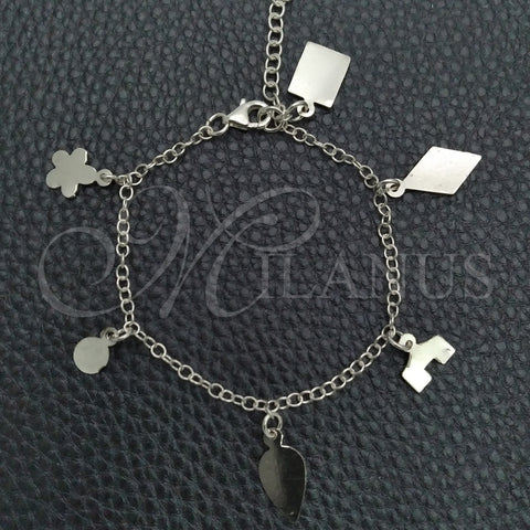 Pulsera de Dije 03.392.0009 Plata Rodinada, Diseño de Flor y Rolo, Pulido, Tono Plateado (Grosor 03 MM, 7 Pulgadas de Largo)