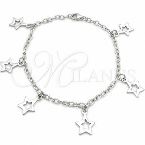 Pulsera de Dije 03.392.0010.07 Plata Rodinada, Diseño de Estrella y Rolo, Pulido, Tono Plateado (Grosor 03 MM, 7 Pulgadas de Largo)
