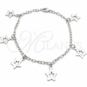 Pulsera de Dije 03.392.0010.07 Plata Rodinada, Diseño de Estrella y Rolo, Pulido, Tono Plateado (Grosor 03 MM, 7 Pulgadas de Largo)