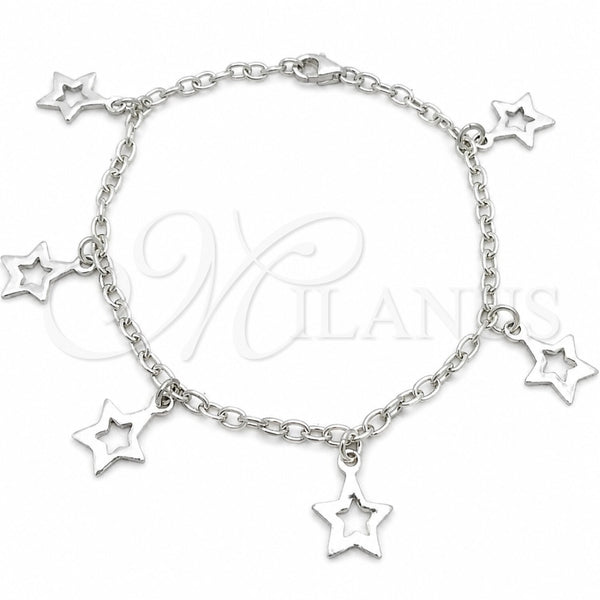 Pulsera de Dije 03.392.0010.07 Plata Rodinada, Diseño de Estrella y Rolo, Pulido, Tono Plateado (Grosor 03 MM, 7 Pulgadas de Largo)