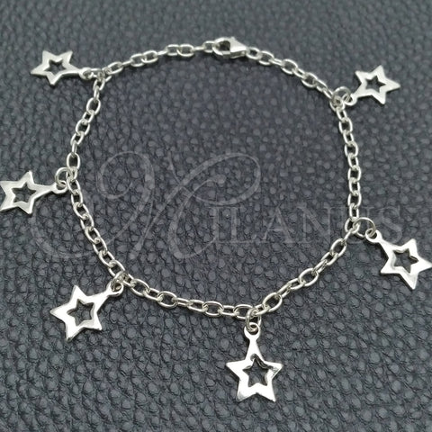 Pulsera de Dije 03.392.0010.07 Plata Rodinada, Diseño de Estrella y Rolo, Pulido, Tono Plateado (Grosor 03 MM, 7 Pulgadas de Largo)