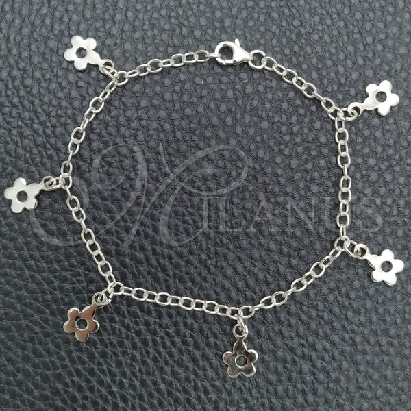 Pulsera de Dije 03.392.0011.07 Plata Rodinada, Diseño de Flor y Rolo, Pulido, Tono Plateado (Grosor 03 MM, 7 Pulgadas de Largo)