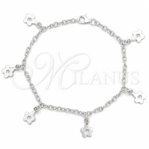 Pulsera de Dije 03.392.0011.07 Plata Rodinada, Diseño de Flor y Rolo, Pulido, Tono Plateado (Grosor 03 MM, 7 Pulgadas de Largo)
