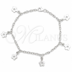 Pulsera de Dije 03.392.0011.07 Plata Rodinada, Diseño de Flor y Rolo, Pulido, Tono Plateado (Grosor 03 MM, 7 Pulgadas de Largo)
